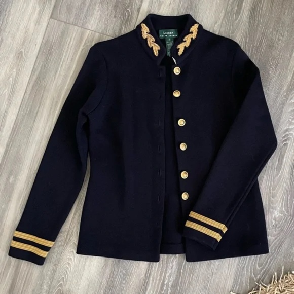 Vintage Ralph Lauren Knit Merino Wool Military Jacket Navy with Gold Leaf sz P - Picture 5 of 11